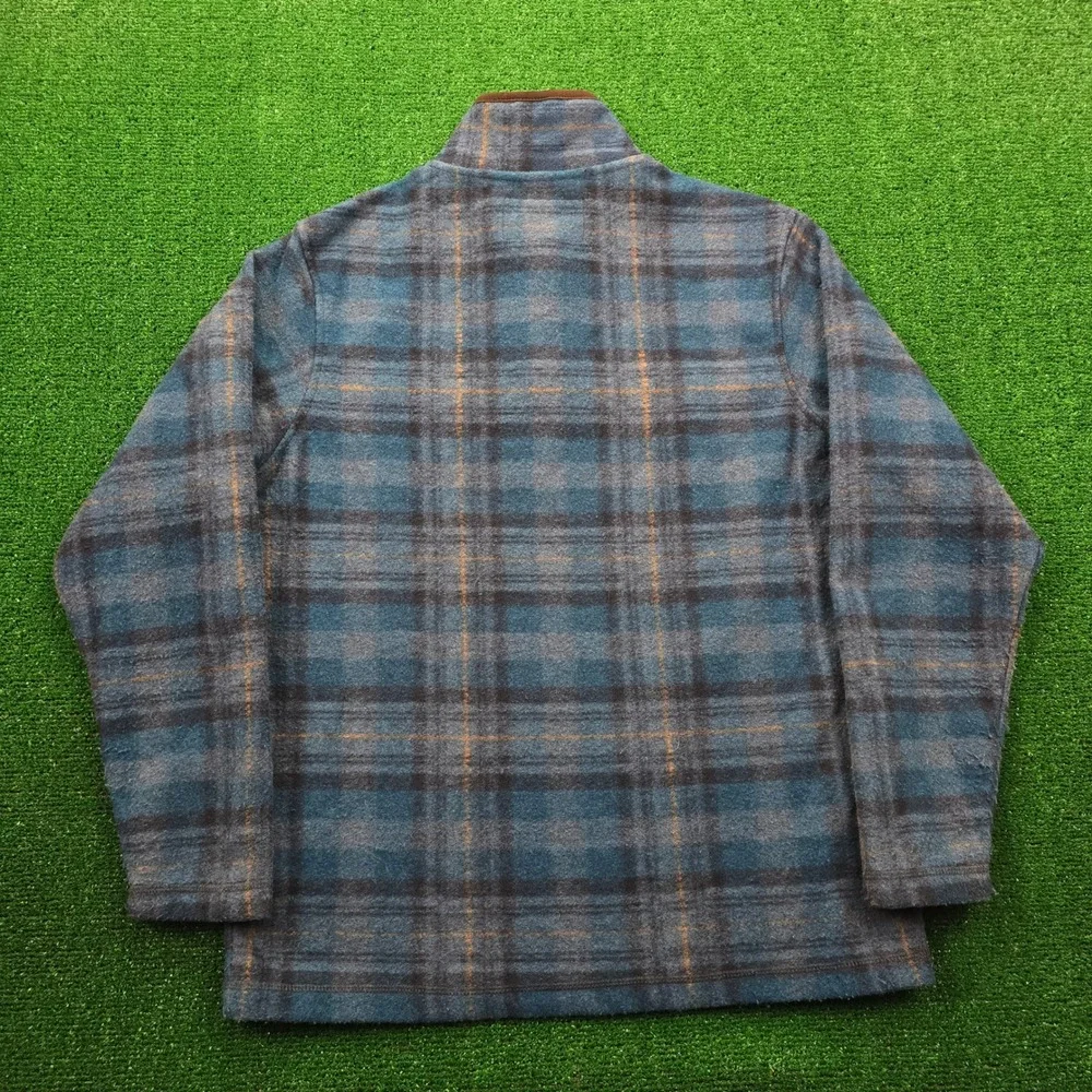 John Wayne Time Classic Fleece Pullover Mens Medium Blue‎ Plaid 1/4 Snap Casual